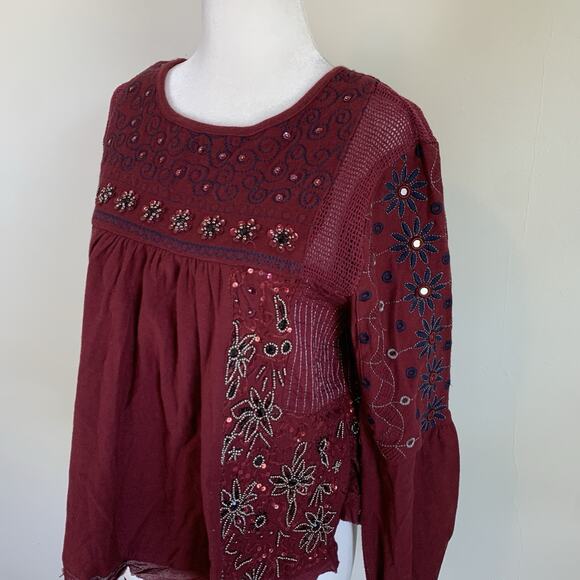 Free People Huh Fancy Peasant Blouse Top XS Burgundy Red Embroidered Mirror Bead - Picture 4 of 11